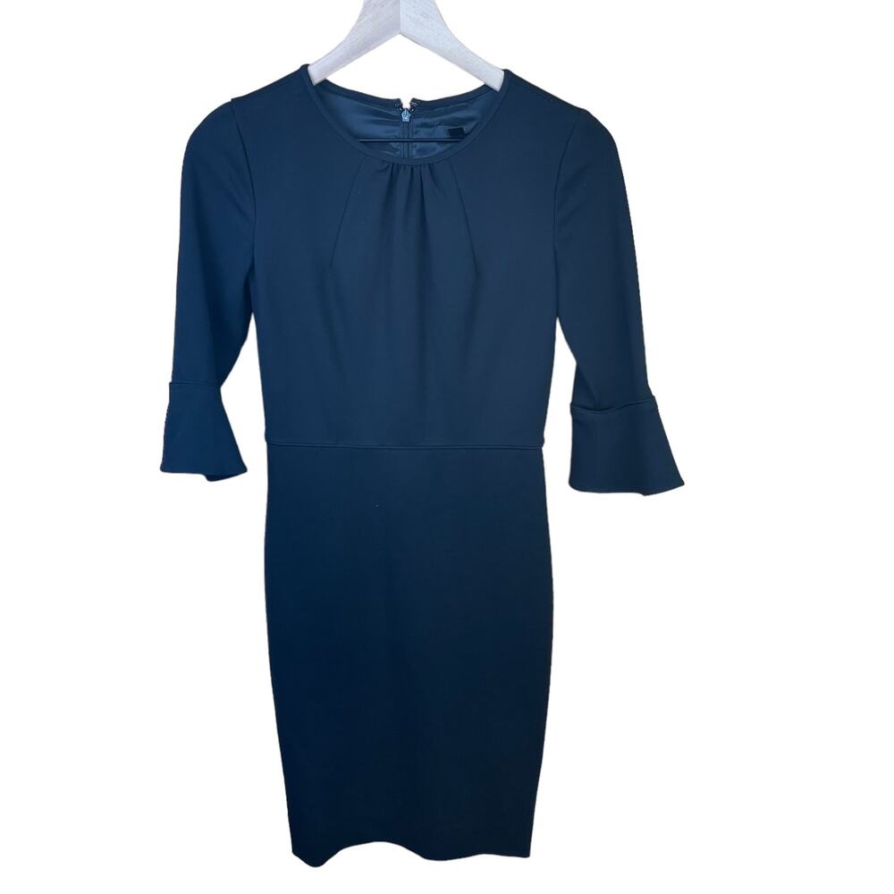 J. Crew Black Formal Ponte Sheath Dress Bell Sleeve SZ 00 Hidden Zipper Crewneck